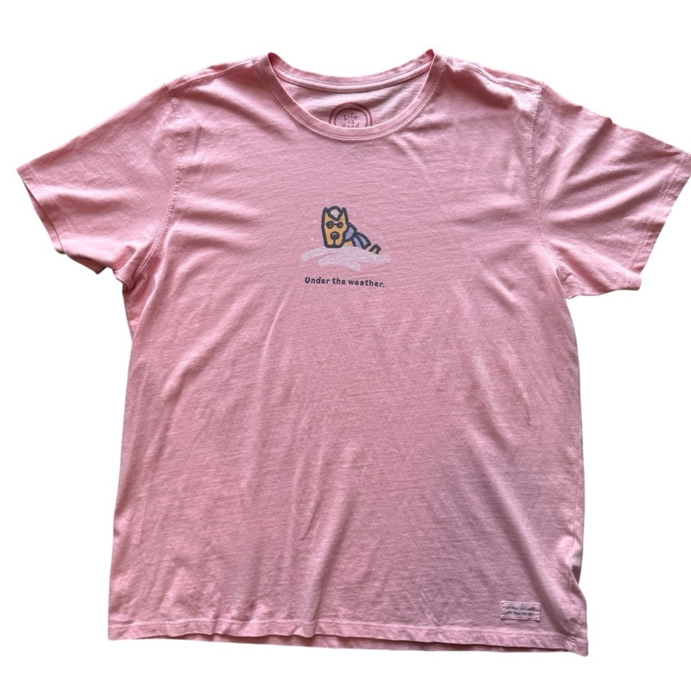 LIFE IS GOOD Women’s UNDER THE WEATHER SNOW DOG TEE T SHIRT L Pink 100% Cotton